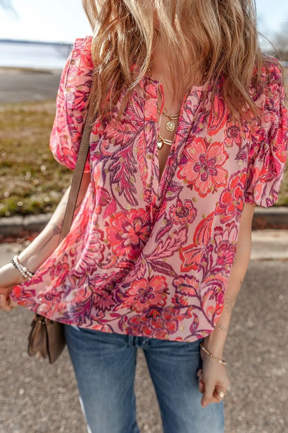 Blueberi B Women’s Floral Print Ruffled Puff Short Sleeve Blouse Polyester Size S-XL