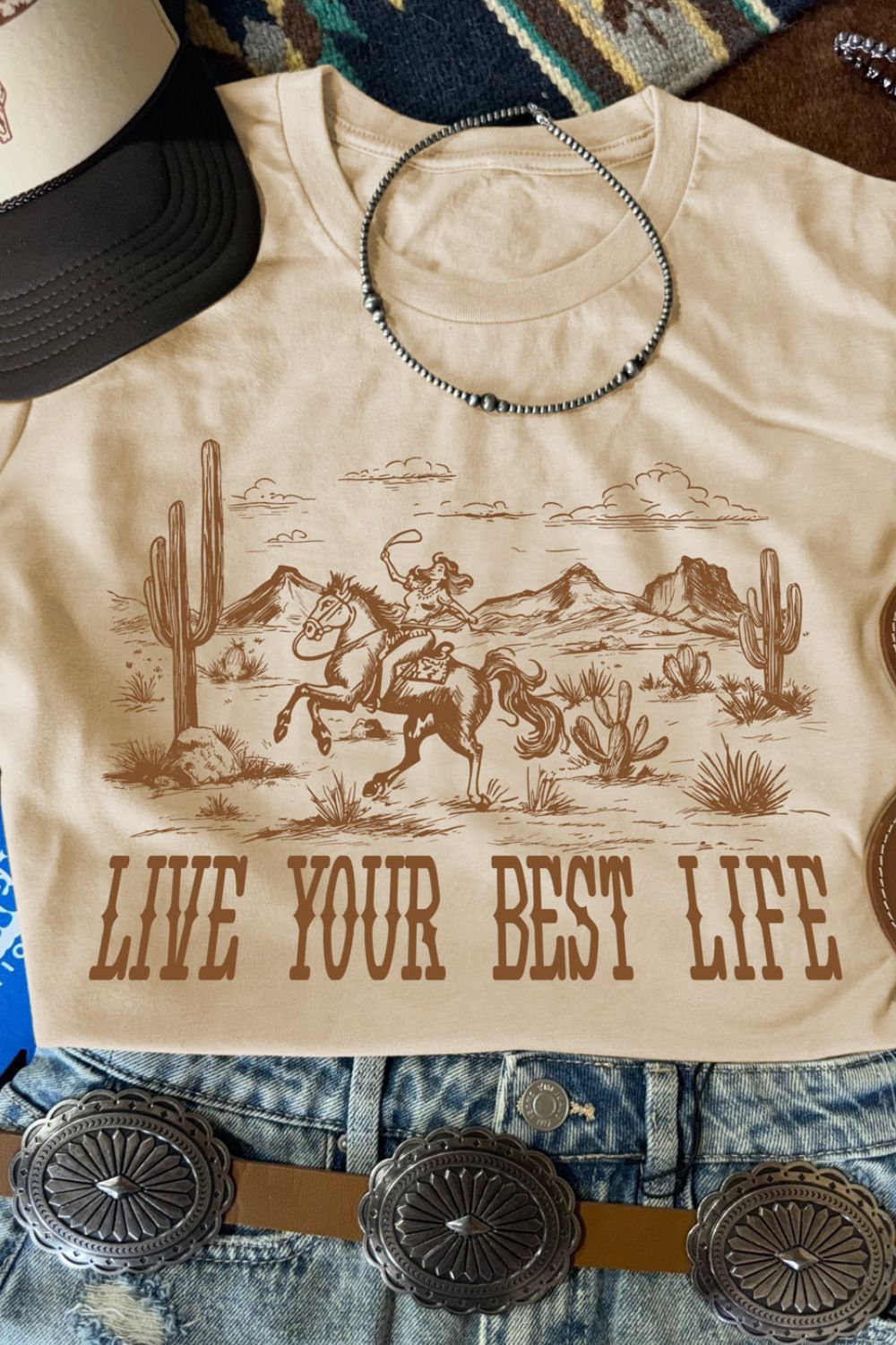 Blueberi B Women’s Live Your Best Life Western Graphic Short Sleeve T-Shirt Polyester Cotton Elastane S-XL