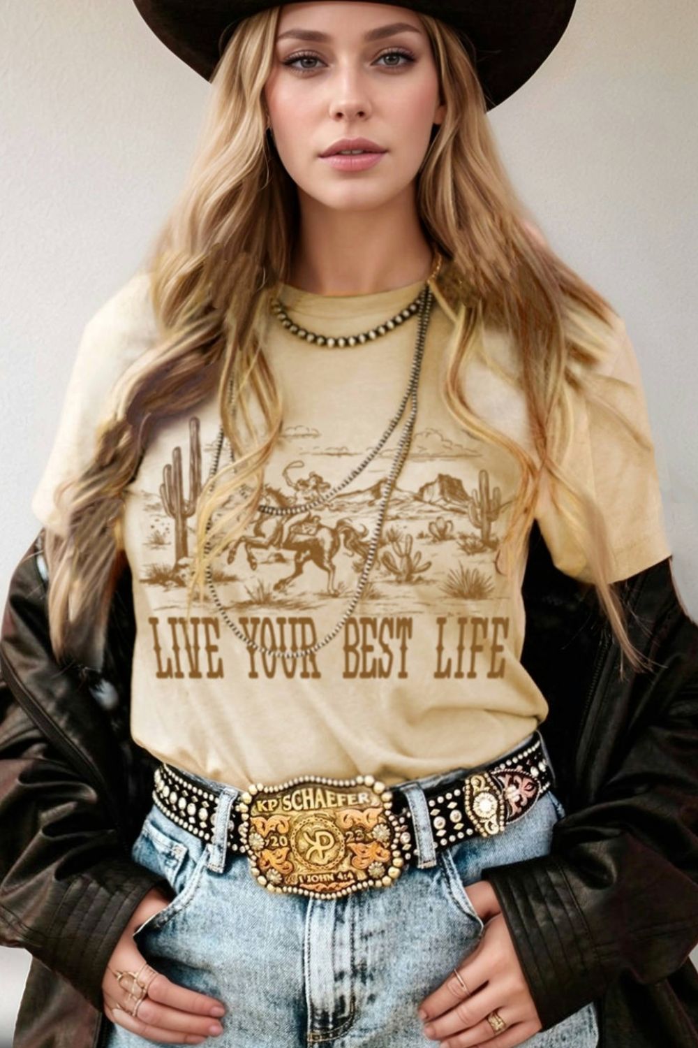 Blueberi B Women’s Live Your Best Life Western Graphic Short Sleeve T-Shirt Polyester Cotton Elastane S-XL