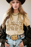 Blueberi B Women’s Live Your Best Life Western Graphic Short Sleeve T-Shirt Polyester Cotton Elastane S-XL