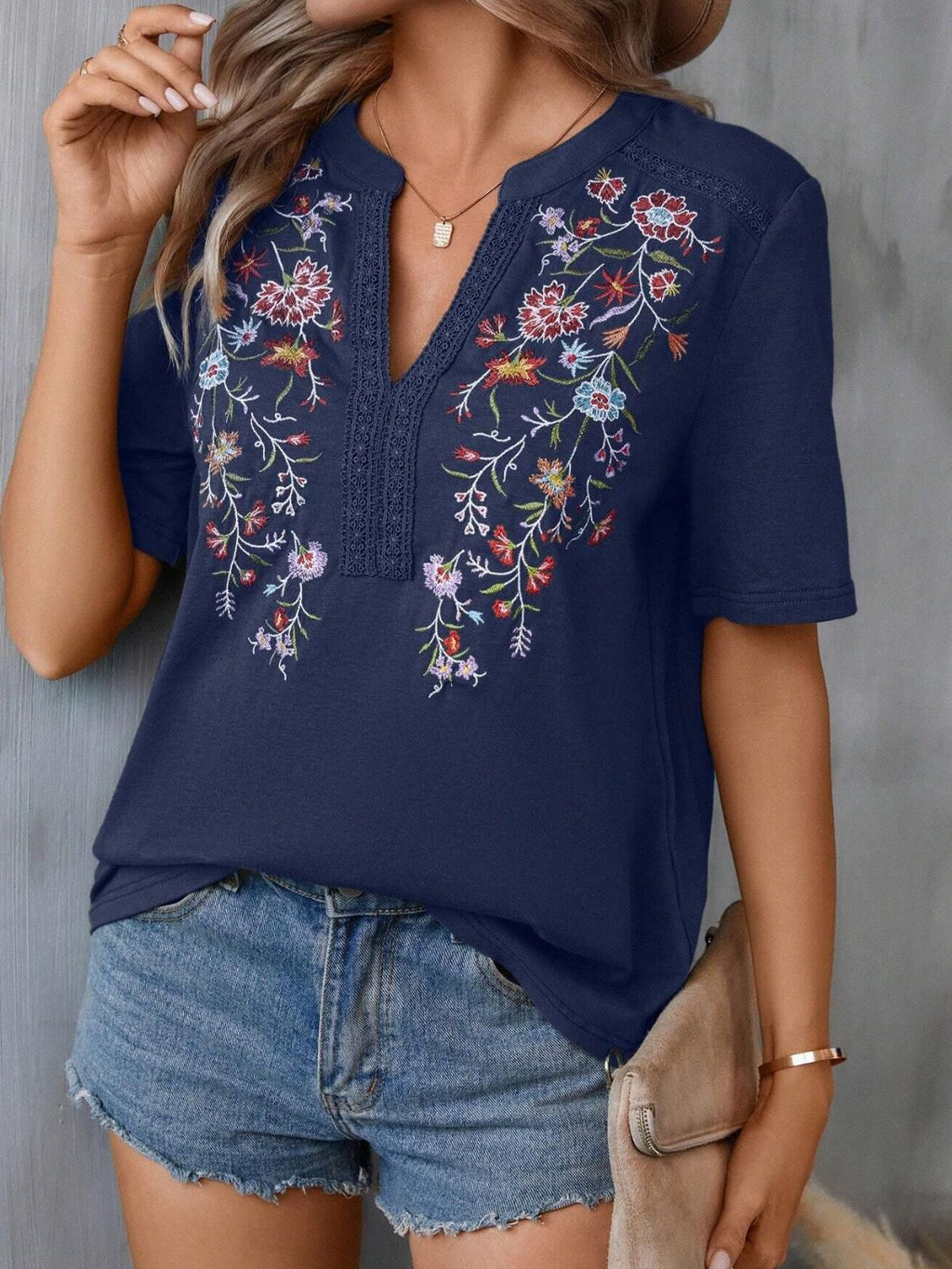 Blueberi B Women's Embroidered Notched Short Sleeve T-Shirt Polyester Elastane Size S-2XL