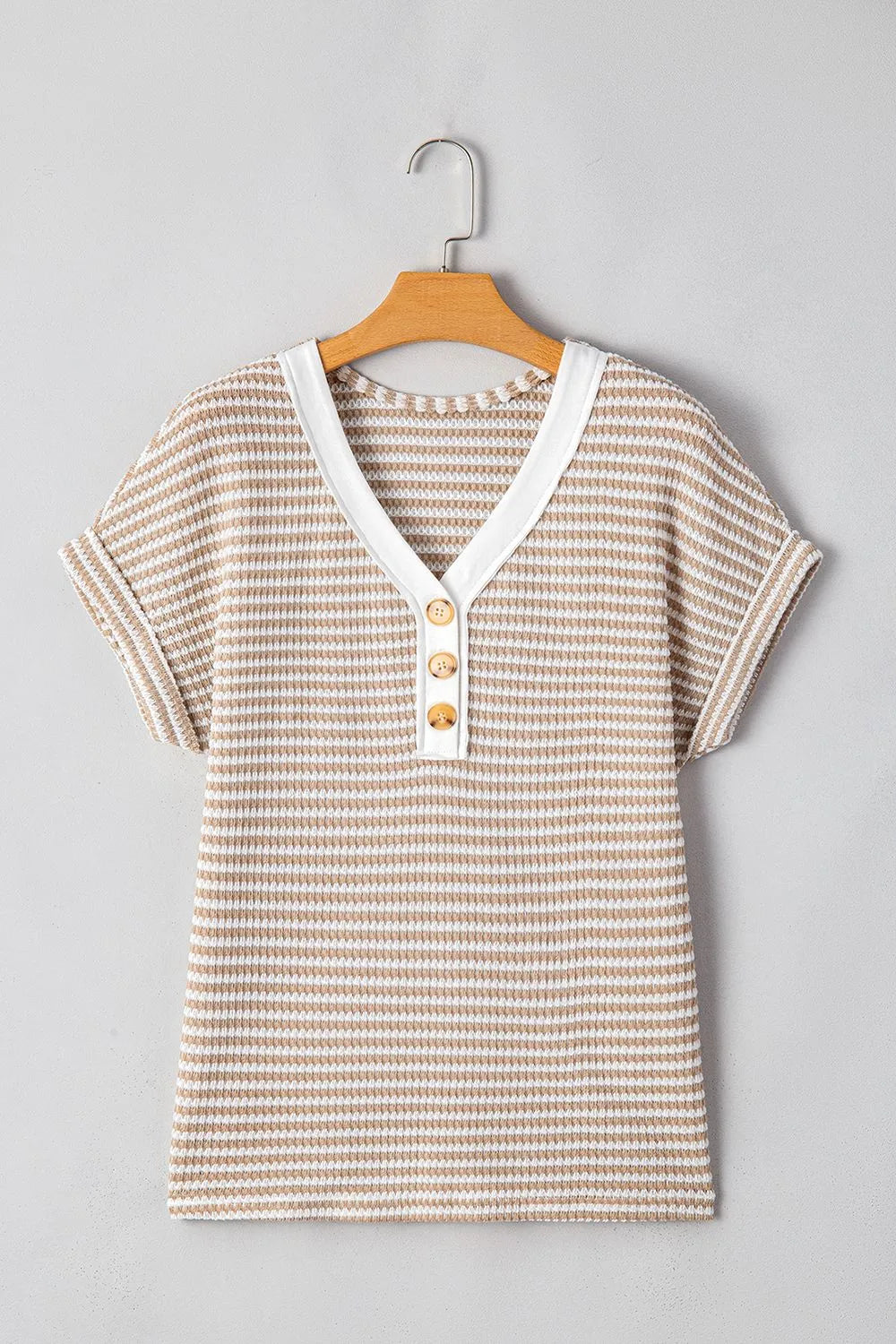 Blueberi B Women’s Stripe Buttoned Front V Neck T Shirt Polyester Elastane Size S-XL