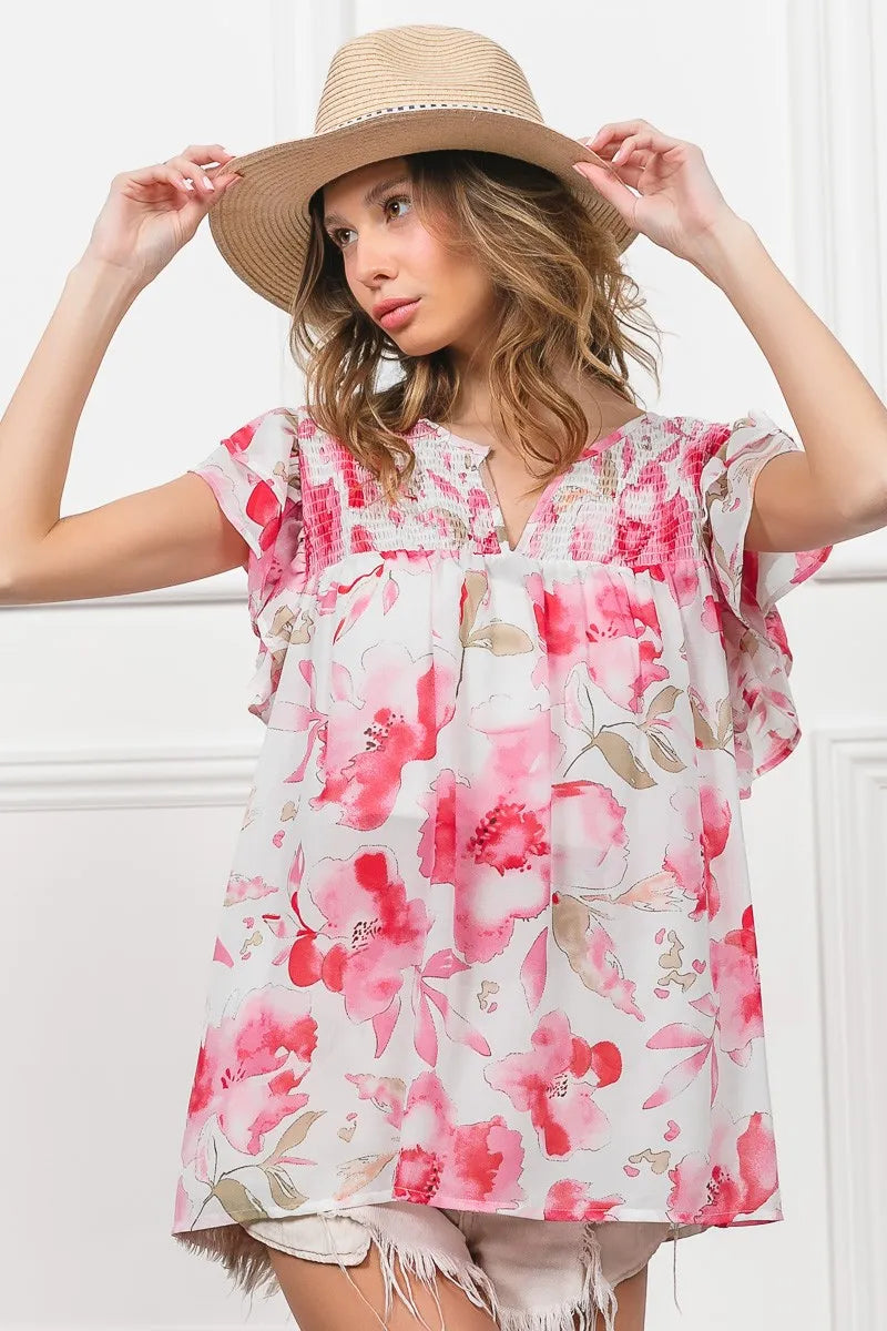 BiBi Women’s Floral Print Short Flutter Sleeve Sheer Top Polyester Cotton S-XL