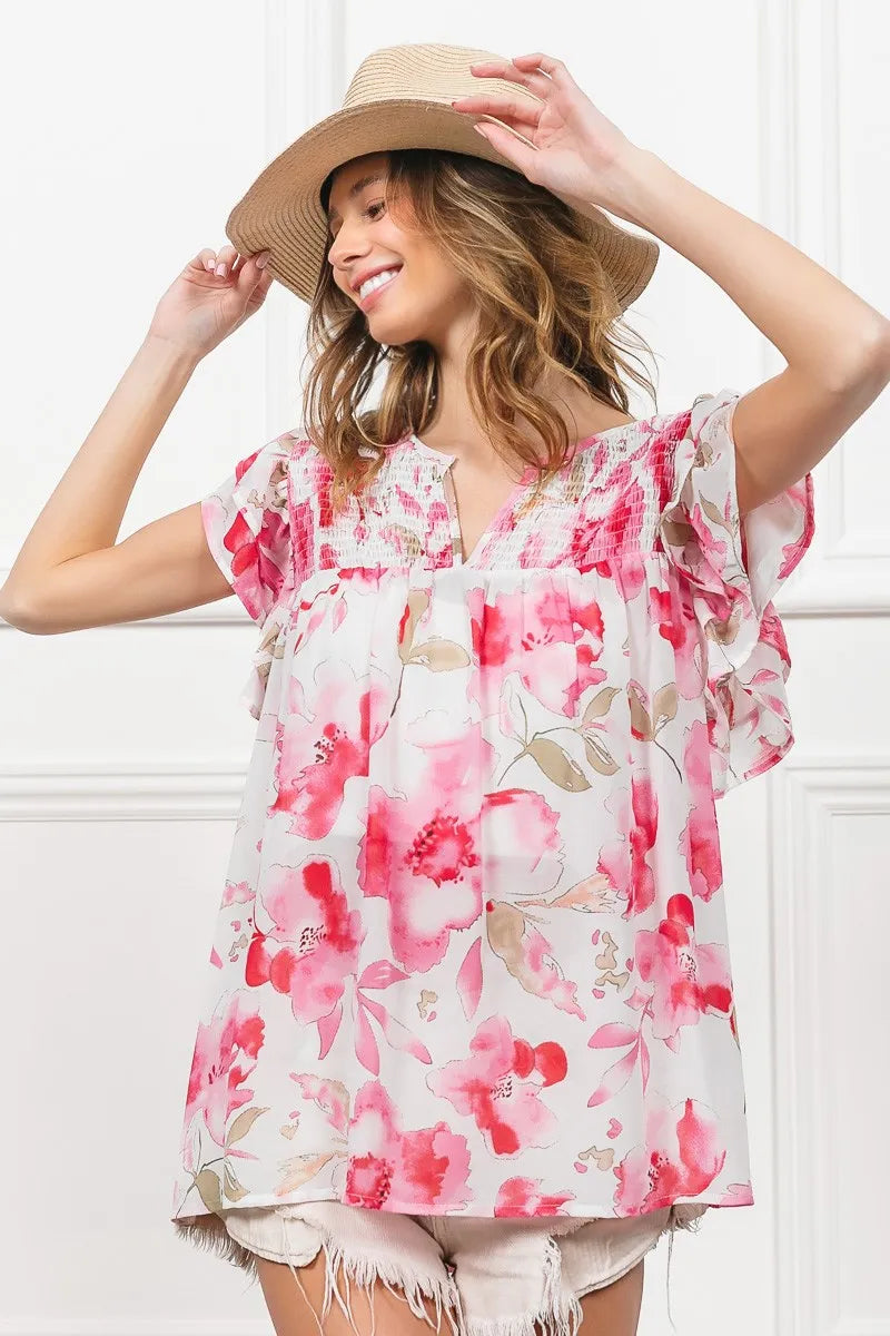BiBi Women’s Floral Print Short Flutter Sleeve Sheer Top Polyester Cotton S-XL