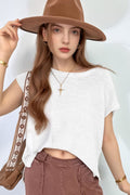 Blueberi B Women’s Short Sleeve Side Slit Round Neck Knit Top Acrylic Size S-XL
