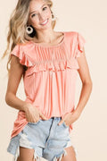 BiBi  Women’s Jersey Knit Short Sleeve Gathered Top with Ruffles Polyester S-XL