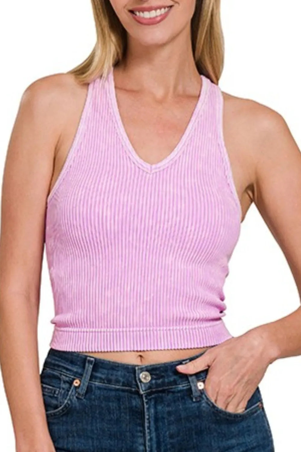 Zenana Women’s Washed Ribbed Seamless Bra Padded V-neck Tank Top Nylon Spandex S/M L/XL