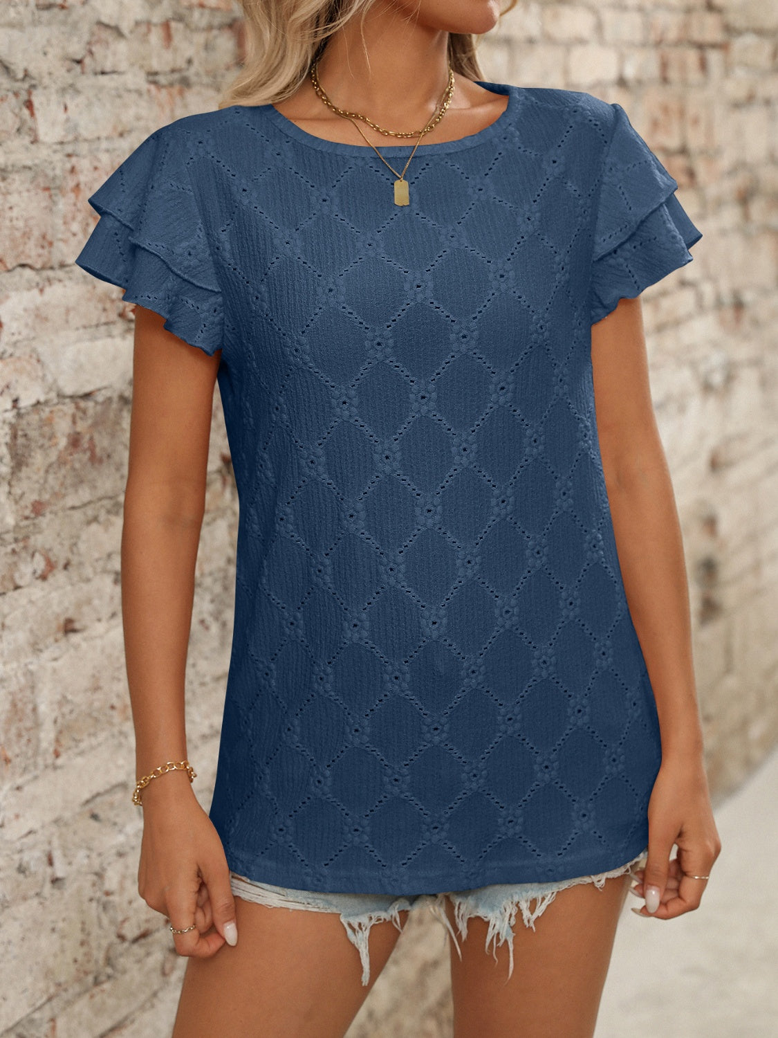 Blueberi B Women’s Eyelet Round Neck Double Layered Ruffled Short Sleeve Top Polyester Viscose Elastane Size S-2XL