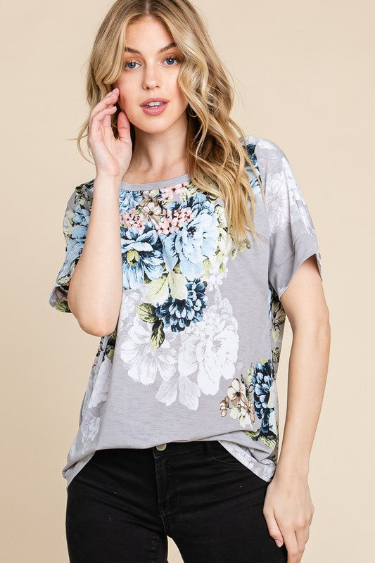 BOMBOM Women’s Floral Round Neck Short Sleeve T-Shirt Polyester Spandex S-XL