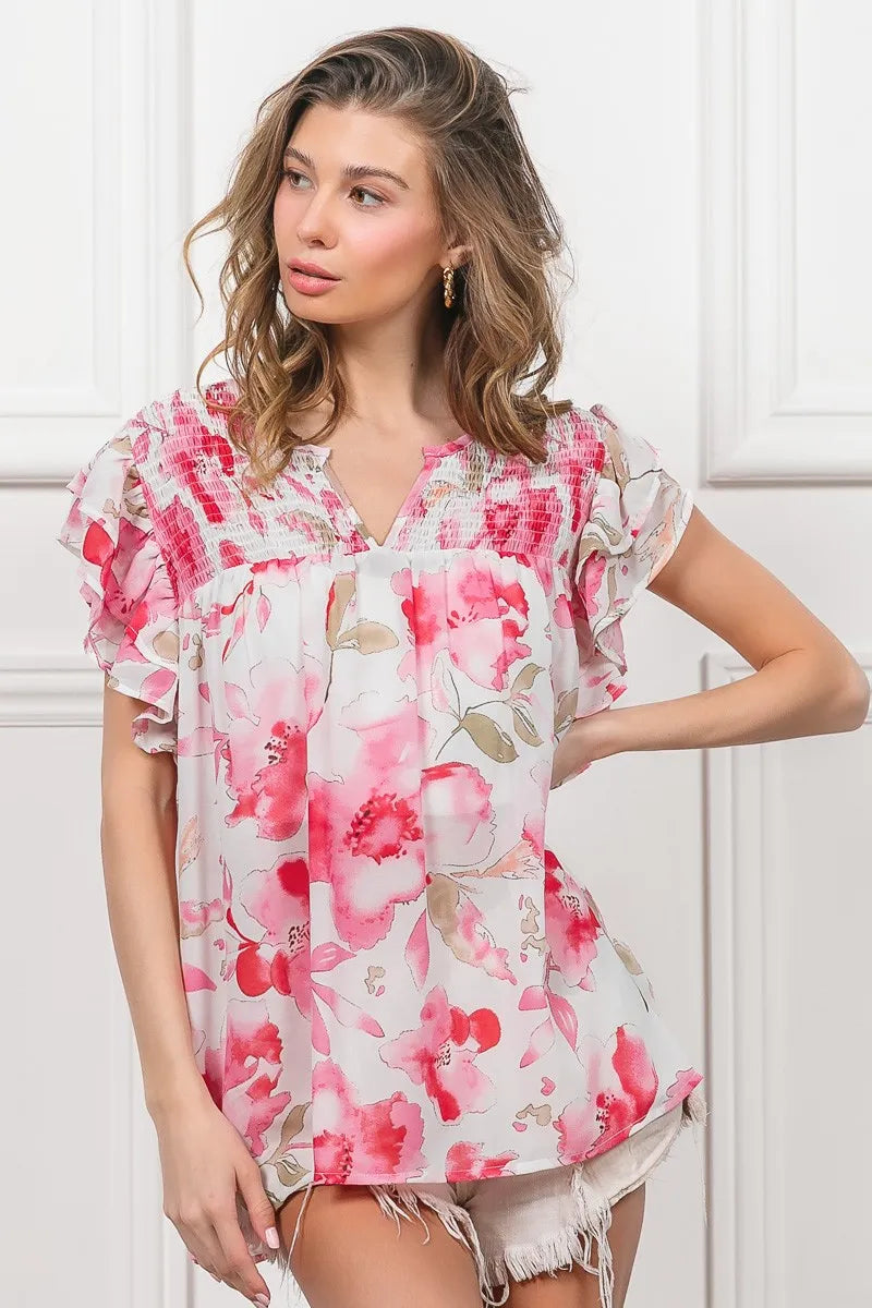 BiBi Women’s Floral Print Short Flutter Sleeve Sheer Top Polyester Cotton S-XL