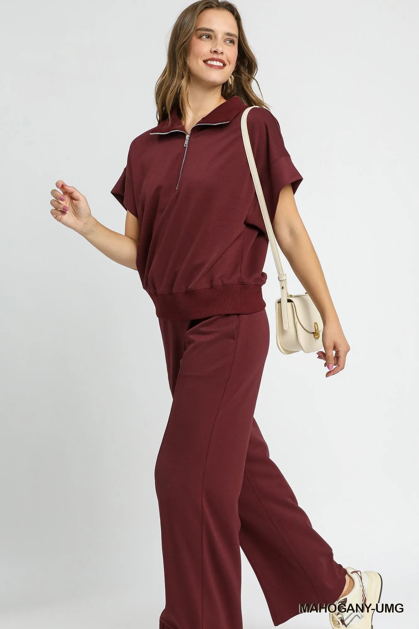 Umgee Women’s Full Size Half-Zip Short Sleeve Top Plus Size Rayon Polyester Plus Size S-2XL
