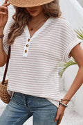 Blueberi B Women’s Stripe Buttoned Front V Neck T Shirt Polyester Elastane Size S-XL