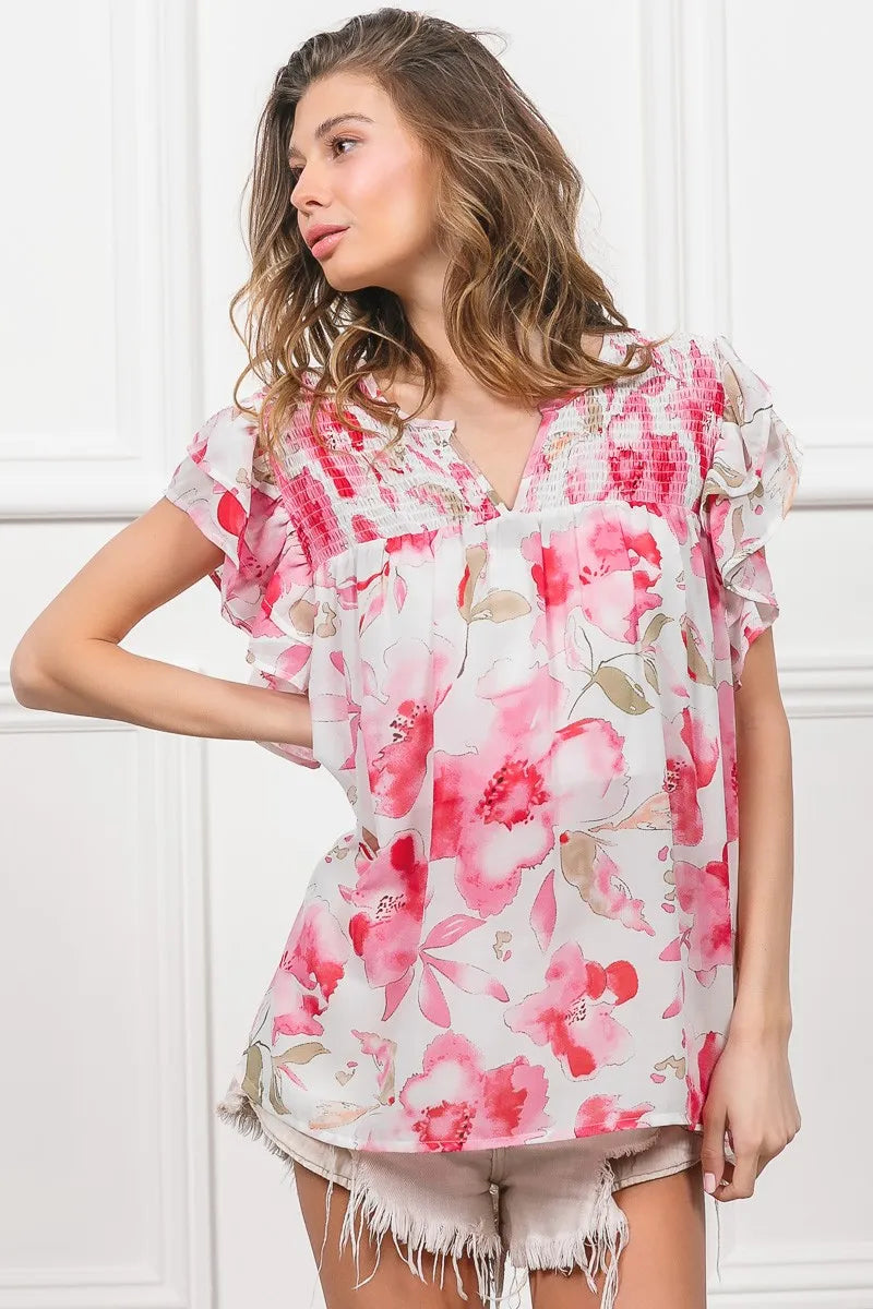BiBi Women’s Floral Print Short Flutter Sleeve Sheer Top Polyester Cotton S-XL