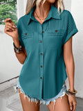 Blueberi B Women’s Pleated Detail Collared Neck Short Sleeve Shirt Polyester Size S-2XL
