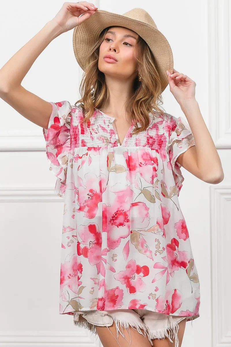 BiBi Women’s Floral Print Short Flutter Sleeve Sheer Top Polyester Cotton S-XL