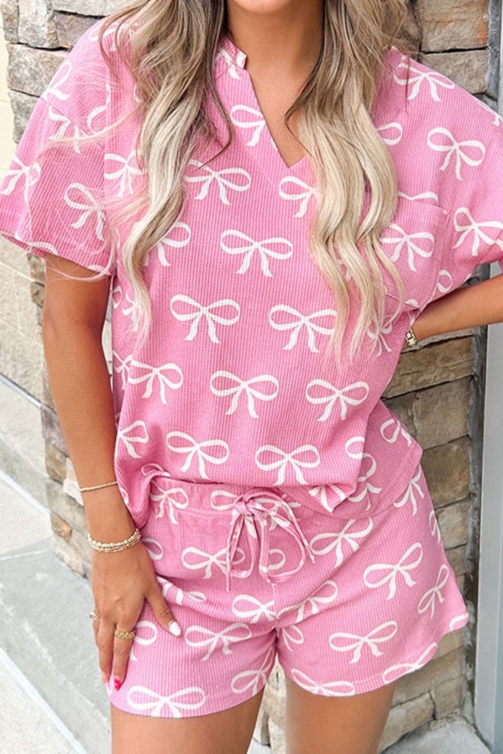 Blueberi B Women’s Bowknot Printed Notched Short Sleeve T-Shirt and Shorts Set Polyester S-XL
