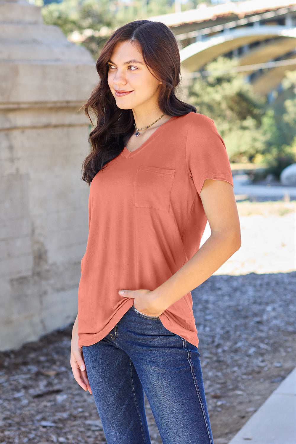 Basic Bae Women’s Bamboo Full Size  V-Neck Short Sleeve T-Shirt Bamboo Spandex Size S-3XL